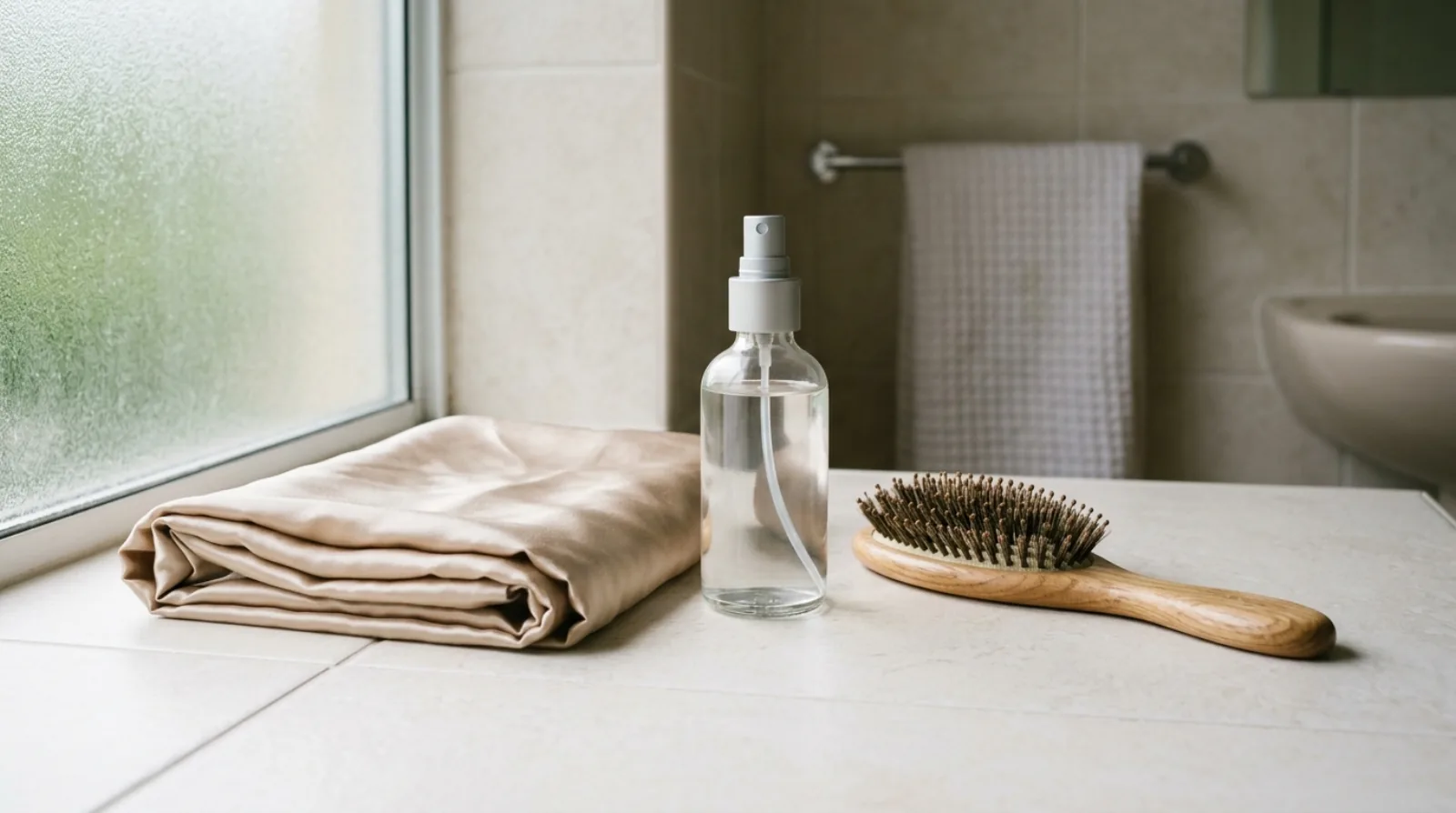 A folded satin pillowcase, an unlabelled spray bottle and a wooden hairbrush on a pale tile counter