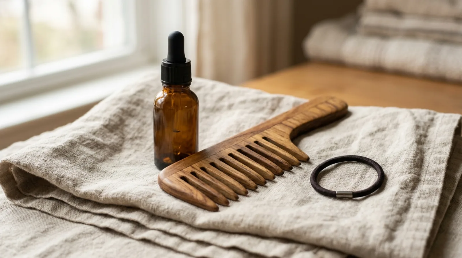 A wide-tooth wooden comb, an unlabelled amber dropper bottle and a single hair tie on folded linen in soft daylight