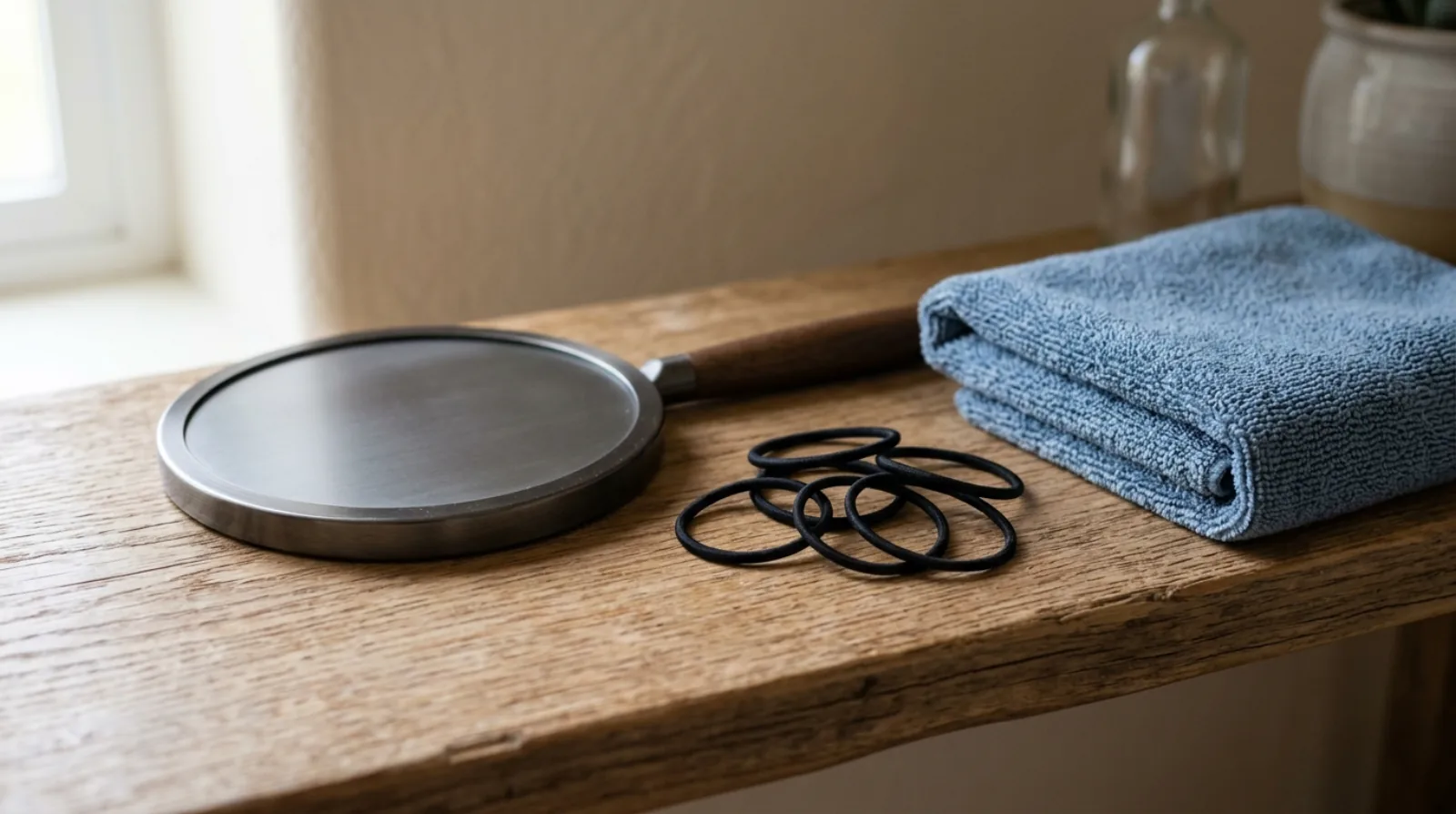 A hand mirror lying face down, a set of plain hair ties and a folded microfibre towel on a wood shelf