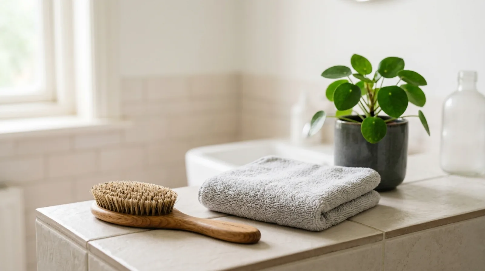 A wooden hairbrush, a folded grey microfibre towel and a small potted plant on a pale tile counter